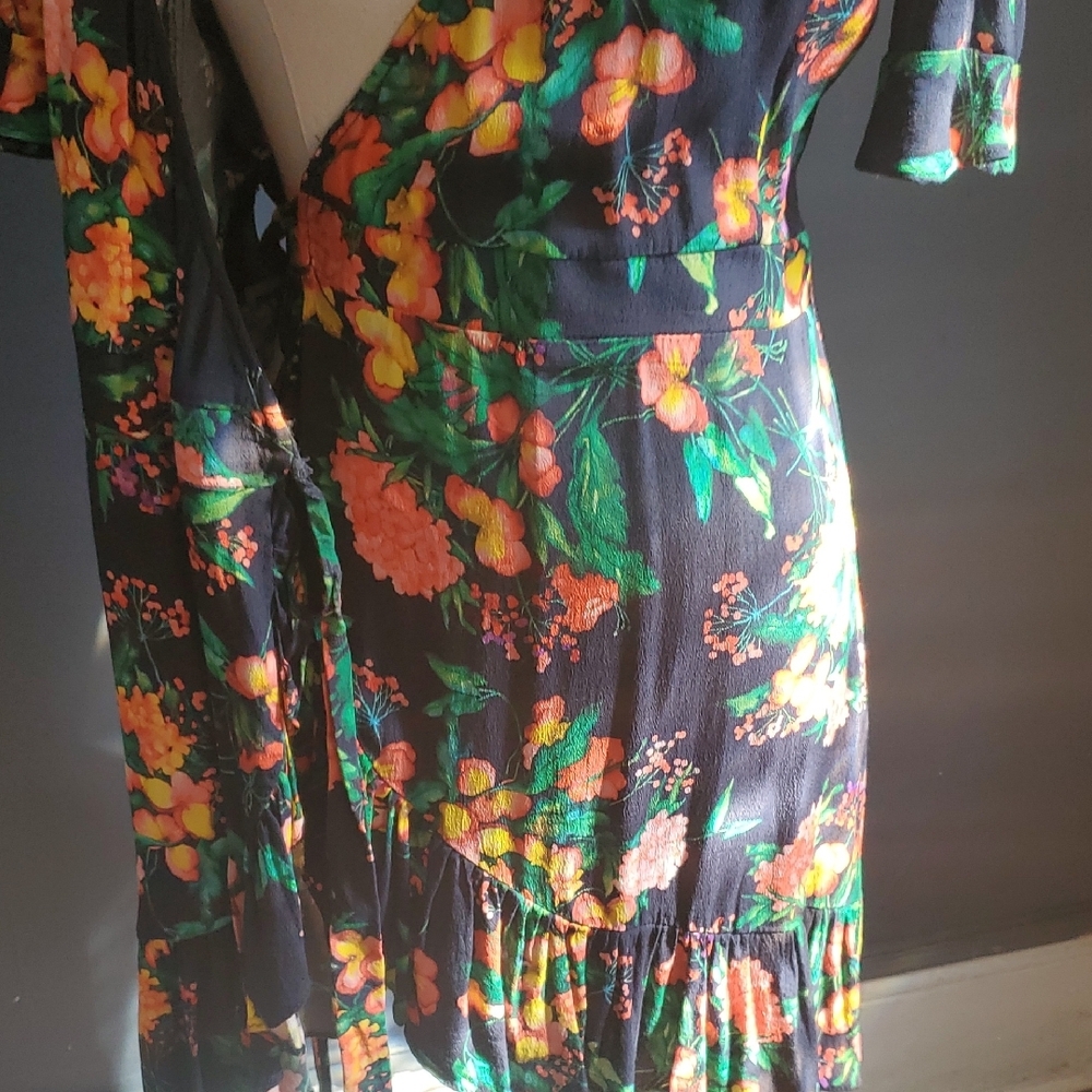 Zara Black Floral Wrap  Dress with Pink, Orange & Green Accents - Picture 11 of 13